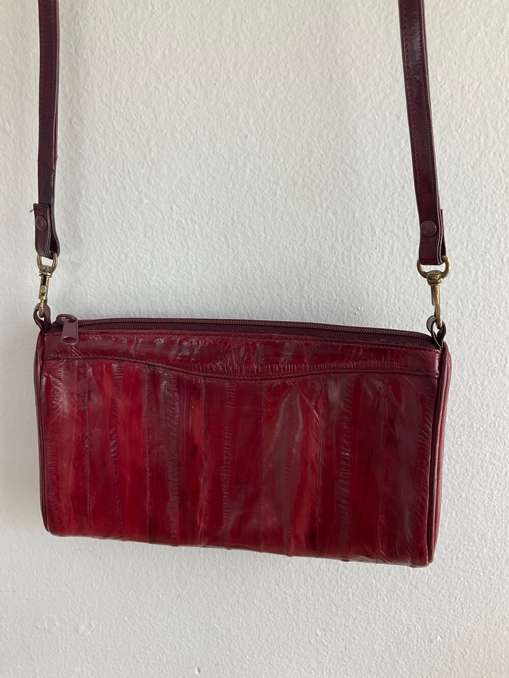Vintage Burgundy Genuine Leather Shoulder Bag Purse Zip Top Minimalist Y2K